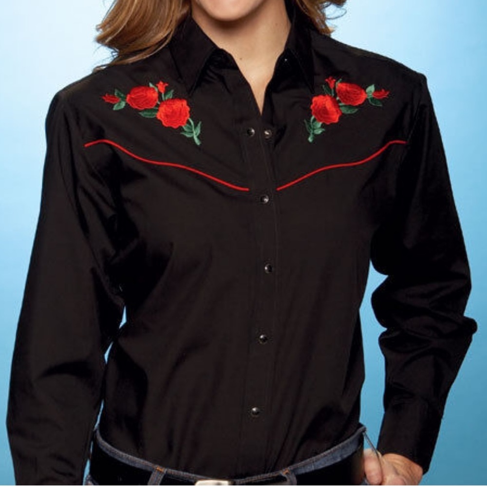 Ely Cattleman Black Shirt with Red Floral Embroidery